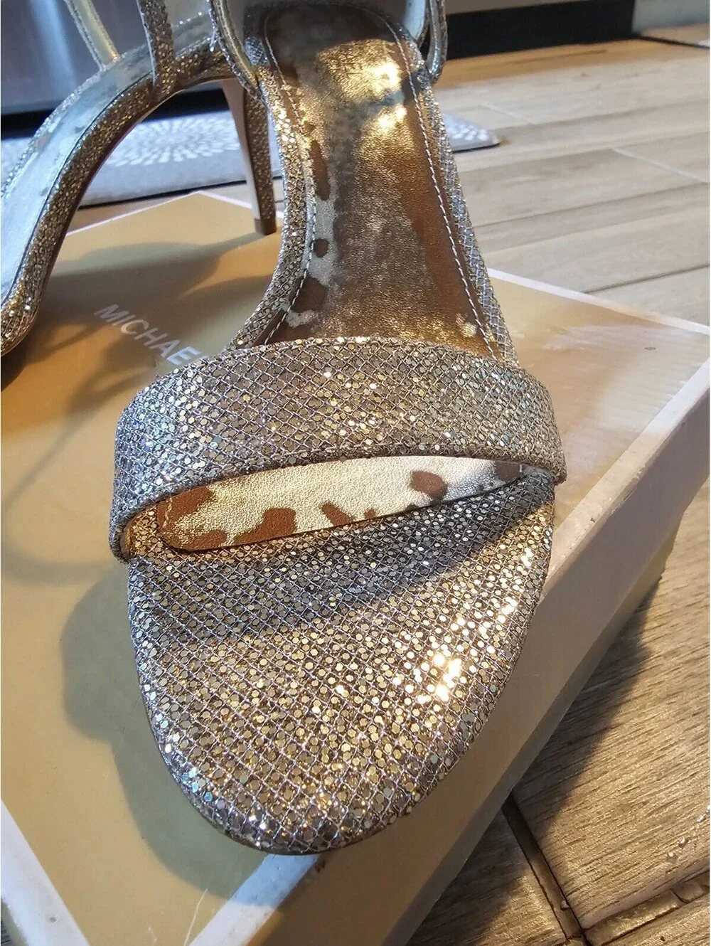 MICHAEL Michael Kors Glitter Heels Women’s 8M Gold Strappy Stiletto